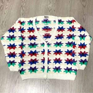 Vintage 90s The Cube Star Pattern Striped Cardigan‎ Knit Sweater Medium